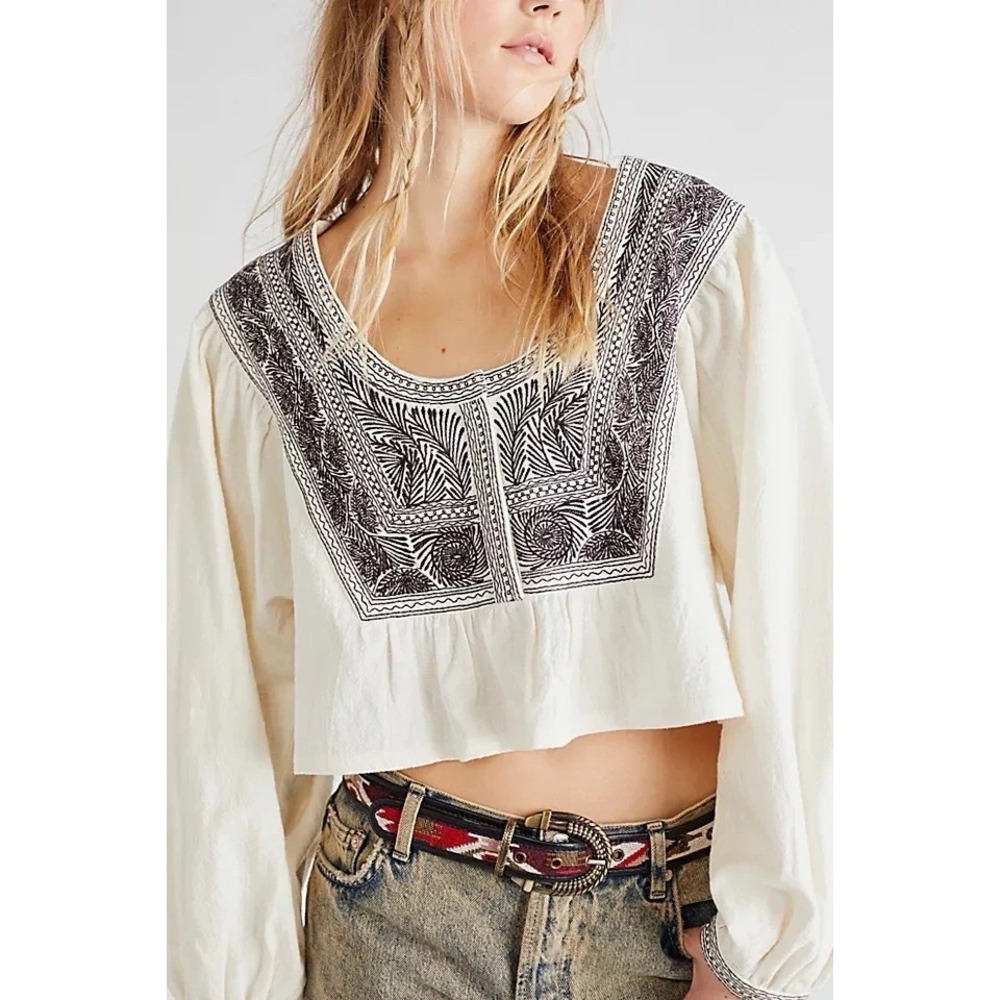 NWT Free People Iggie Embroidered Top XS Boho Festival Oversized Crop MSRP $128 - Picture 2 of 14